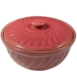 Retro Swirl Red Ceramic Round Casserole Baking Dish with Lid Vintage Kitchenware